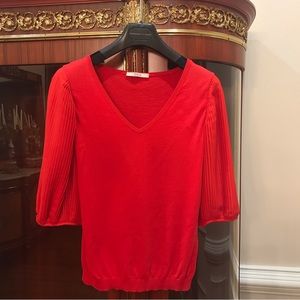 RED VALENTINO Red Knit V-neck Sweater Top with pleated 3/4 sleeves Sz.L